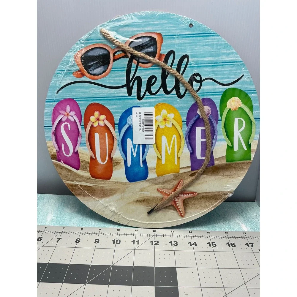 Round Hello‎ Summer Flip Flop Beach Sun Art Wood Sign Wall Decor
